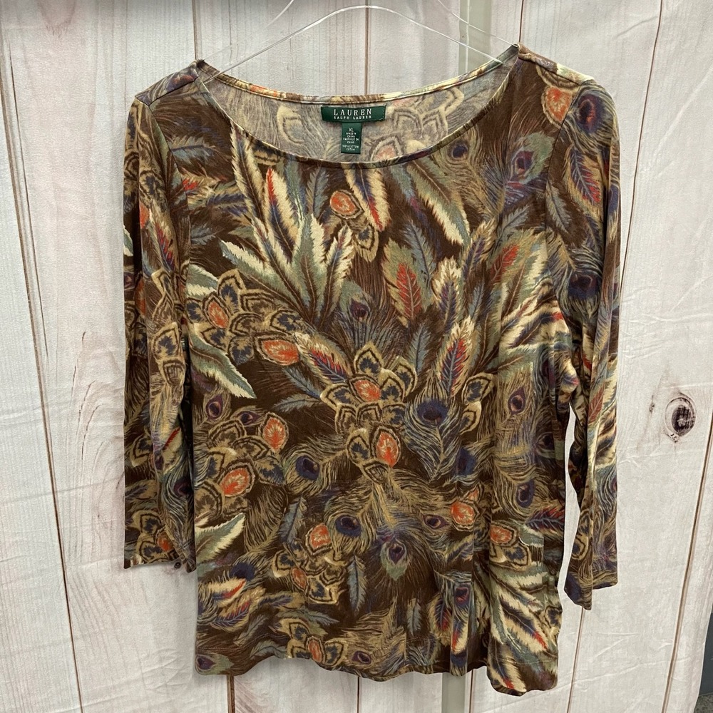 Lauren Ralph Lauren Peacock Feather Print Cotton Top Brown XL 3/4 Sleeve Vintage